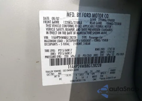 2008 Ford Taurus Sel from USA, damaged, VIN 1FAHP24W88G128228